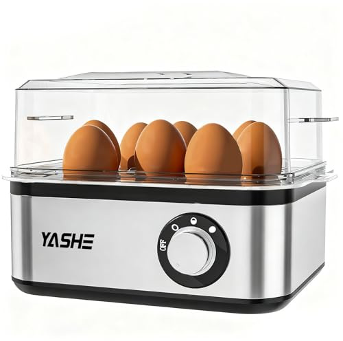 YASHE Cuociuova elettrico in acciaio inox per 8 uova sode, medie e alla coque, in camicia con spegnimento automatico e cicalino, include ciotola per frittata e misurino, senza BPA | Per uova sode, medie, alla coque e in camicia; ciotola per frittata, misurino, vassoio senza BPA e spegnimento