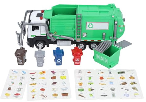 Bonbela 1:32 Camión de basura juguete de recogida de residuos vehículo modelo camión de reciclaje con sonidos de luz apertura puertas contenedor 4 papeleras para niños juego educativo