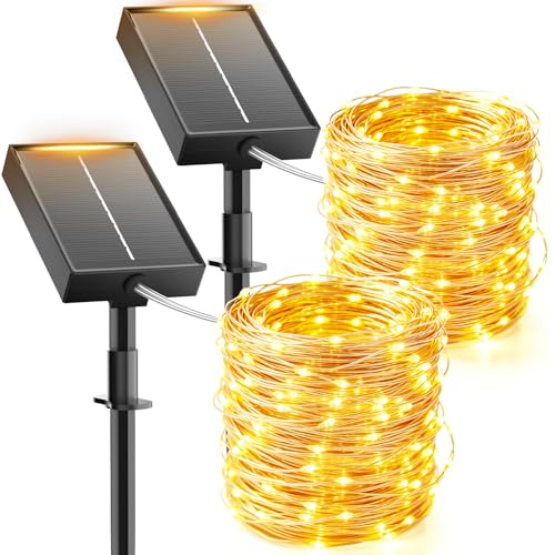 Giliwosy Luci Solari Esterno, [2 Pacchi] 15+2M 150 LED Catena Luminosa Esterno Solare, 8 Modalità IP65 Impermeabili Bianco Caldo Luci Solari da Giardino per Patio, Giardino, Albero, Natale, Matrimoni
