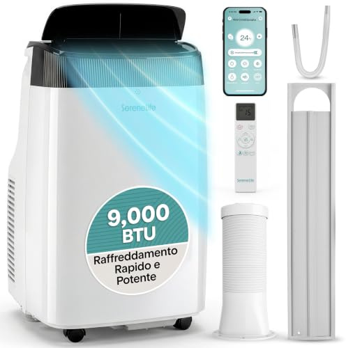 SereneLife Condizionatore Portatile 9000 BTU con WiFi, Climatizzatore Portatile senza Unità Esterna, Deumidificatore e Ventilatore, Modalità Notte, Kit Finestra, Pinguino Condizionatore Casa