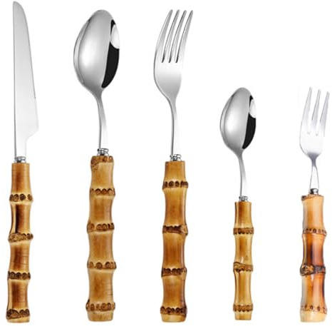 HOOTNEE Service de Couverts Ensemble Complet en Acier Inoxydable 304 Manche Bambou, Résistant Chaleur, Élégant et Pratique Cuisine et Restaurant
