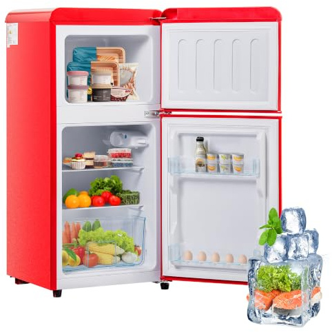 ACAGALA Kleiner Kühlschrank mit Gefrierteil Oben, 38 Liter Kühleil, 22 Liter Gefrierteil, Retro Kühl mit 2 abnehmbaren Regalen, LED Beleuchtung, 86,8 x 45,5 cm, Rot[Energieklasse E]