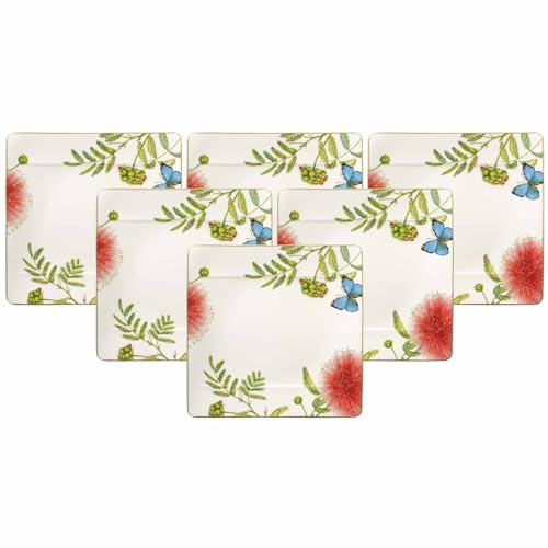 Villeroy & Boch Amazonia quadratischer Speiseteller, Edles Geschirr aus Premium Bone Porzellan, 27 x 27 cm, Grün, 6er Set