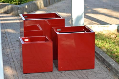 Casa Mina Pflanzkübel groß außen - Fiberglas Blumenkübel viereckig - Premium Blumenkasten für Draußen - Blumenkübel Frostsicher - Blumenkasten für den Garten - Cube Hochglanz Rot - 40x40x40cm