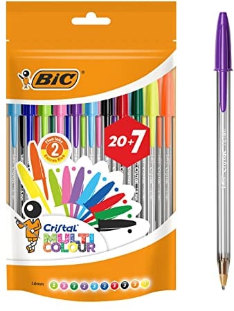 BIC Cristal Multicolour Bolígrafos Punta Ancha (1.6 mm) – Colores Surtidos, Bolsa de 20+7 Unidades, ideal para dibujos y anotaciones, Multicolor