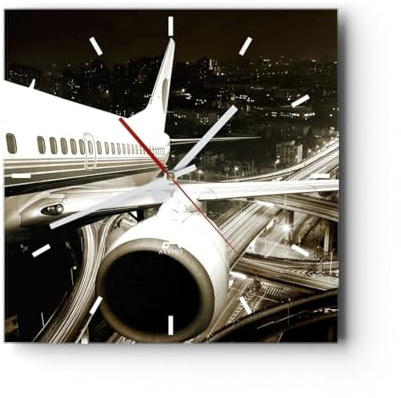ARTTOR Moderne Wanduhr 40x40cm Quadrat Glasuhr Architektur Städte - 0180 | Flugzeug Stadt Glas Analog Wanduhr Lautlos Wanddekoration Wohnzimmer Büro Küche Wanddeko Küchenuhr Geräuschlos ARTTOR