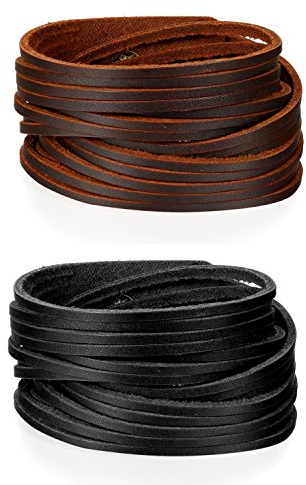 JewelryWe Schmuck 2pcs Herren Breit Lederarmband, Punk Druckknopf geflochten Leder Armband Wickelarmband Armreif Manschette, verstellbare Größe, Schwarz Braun