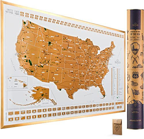 Travelization Rubbelkarte der Nationalparks der Vereinigten Staaten – 24 x 17 Rubbelkarte der USA mit Nationalparks, Sehenswürdigkeiten, höchsten Gipfeln und Staatsflaggen – USA