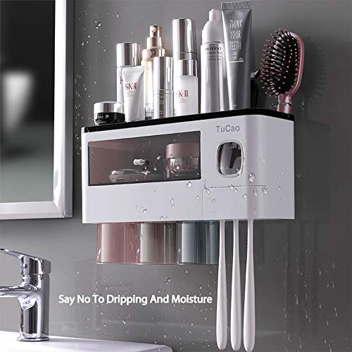 TuCao Automatischer Zahnpastaspender Wand platzsparendem Zahnbürstenhalter für Badezimmer, 3 transparente magnetische Becher, 6 Zahnbürstenschlitze, 1 Kosmetik-Organizer-Schublade (3 Tassen)