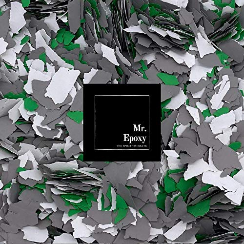 Mr. Epoxy Farbchips für Bodenbeschichtung (1 kg, Mix Grün/Grau/Weiß) - Epoxidharz Deko Chips - Terrazzo Flakes (Farb Chips) für Garagenböden, Keller & Werkstatt