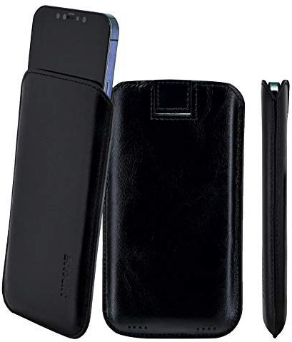Suncase Original Leder Etui kompatibel mit iPhone 12 Pro (6.1) Hülle Tasche Ultra Slim Ledertasche Schutzhülle Case (mit Rückzuglasche) in schwarz