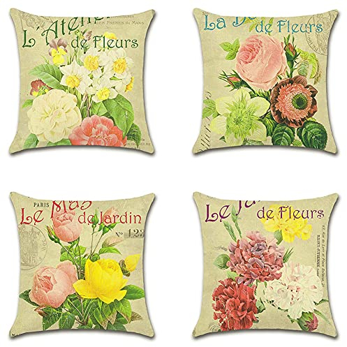Artscope Set di 4 Impermeabile Federe Copricuscini Decorativi Quadrate Fodere per Patio Giardino Soggiorno Fattoria Fodera per Cuscini da Esterno 45x45cm Fiore Rosa