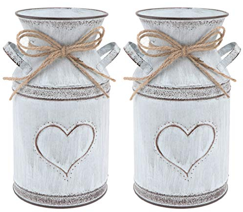 YARNOW 2 Stücke Vintage Blumenvase Herz Milchkanne Shabby Chic Deko Eisen Blumentopf Landhaus Vase Rustikal Metall Eimer Retro Übertopf Kaktus Sukkulenten Topf für Büro Balkon Wohnzimmer Tischdeko