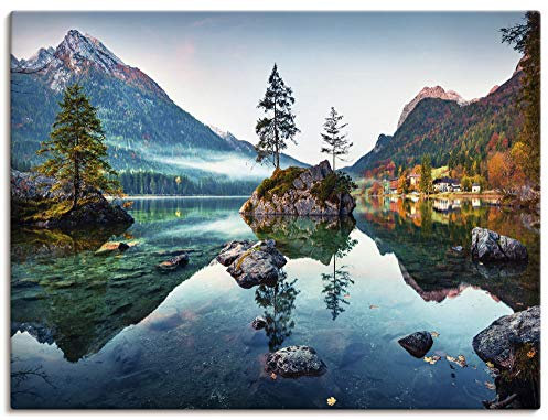 ARTLAND Wanddeko Leinwand Bilder Wandbild Querformat Landschaft Alpen Berge See Natur Herbst Wald U1TM