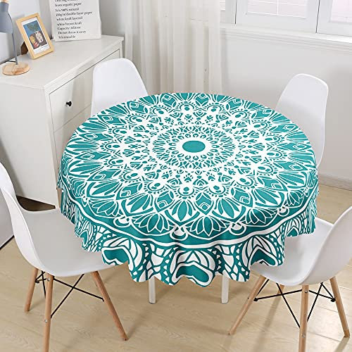 Morbuy 3D Rund Tischdecke Abwaschbar, Mandala Rund Tischdecken Wasserdicht Lotuseffekt Abwischbar Tischtuch für Dekoration Küchentisch Garten Outdoor (Durchmesser 120cm,Türkis)