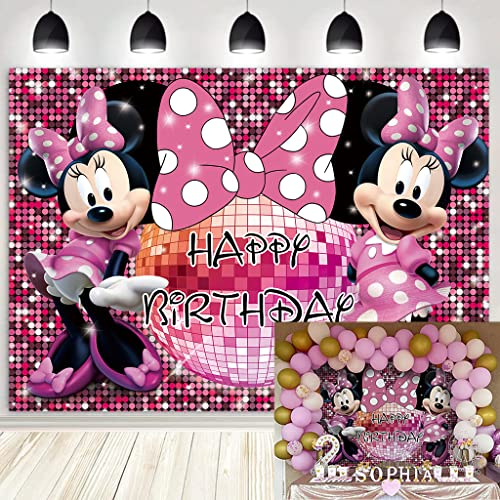 LXN Mouse Backdrop Compatible for Cartoon Mouse Theme Party Decoration Girls Birthday Party Pink Glitter Photography Background Cake Table Decoration Background 7x5ft