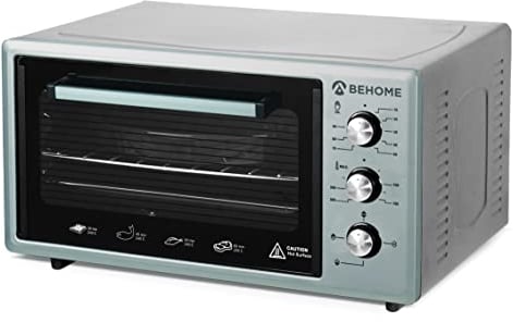 BEHOME Four électrique ventilé 48 litres avec rôtissoire, auto-nettoyant et émaillé, température jusqu'à 320° double verre avec lumière intérieure et minuterie 2 plaques et 1 grille (gris)