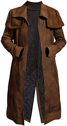 SPURZE Men's Western Country Cowboy Duster Trench Coat Brown Long Length Suede Leather NCR Veteran Ranger Overcoat