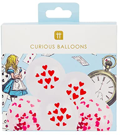 Talking Tables Pack of 12 Red Heart Balloons | Alice in Wonderland Party Decorations for Valentines Day, Engagement | Printed Design and Confetti Balloons with Ribbon to Attach