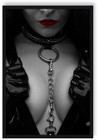 Pixxprint Strenge Domina rote Lippen mit Halsband, Poster im Bilderrahmen, Format: 38x30cm, Kunstdruck gerahmt