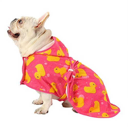 HDE Dog Bathrobe Super Absorbent Quick Drying Puppy Towel Wrap Coat Adjustable After Bath Robes with Hood for Dog Sizes S-XXL Pink Rubber Ducks M