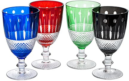 Crystal Italian Design Cups Set Of 4 Short Chalice 8Oz Multicolor Glassware | Venetian Style Red Blue Green Black Goblet For Dinner Parties Bars Weddings Holiday Tables Cocktails Entertaining Gifts Decor
