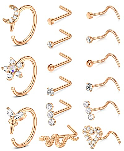 Mayhoop 18G Nasenpiercing Nasenringe Hoops Nasenstecker für Nasenpiercing Chirurgenstahl Rosegold Nostril Piercing Schmuck für Damen Herren 15St
