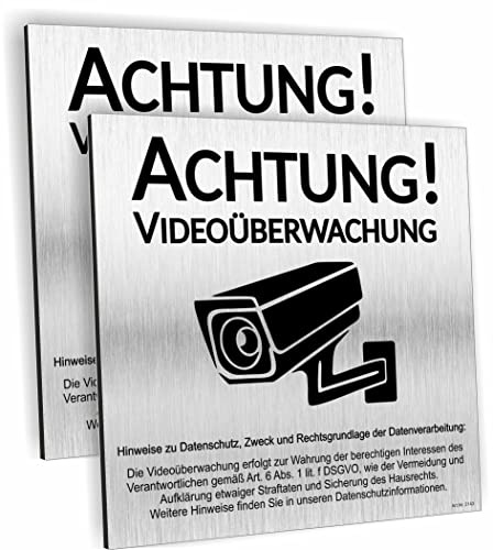 Achtung Videoüberwachung Schild DSGVO UV Druck 12 x 12cm - 3mm Aluverbund - Made in Germany - Art.Nr. 2143 (2-er)