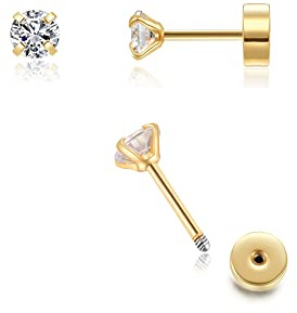 3mm Tiny CZ Screw on Flat Back Stud Earrings,Gold Plated Flat Back Cubic Zirconia Earrings for Helix Cartilage Tragus Earlobe Piercing Jewelry Gift for Women Men(3mm CZ,Gold)