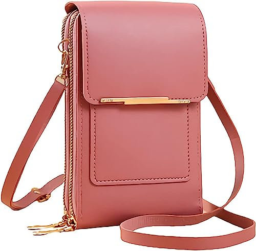 matago Sacoche en cuir antivol - Petit sac à bandoulière léger en similicuir pour téléphone portable, pour femmes, avec fenêtre pour écran tactile (Rose foncé)