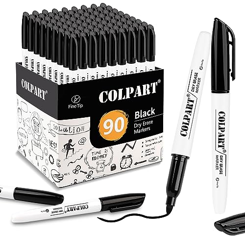 colpart 90 Stück Whiteboard Marker Schwarz Folienstift Abwischbare Schwarze Whiteboard-Stifte mit Feiner Spitze für Schule, Büro & Zuhause
