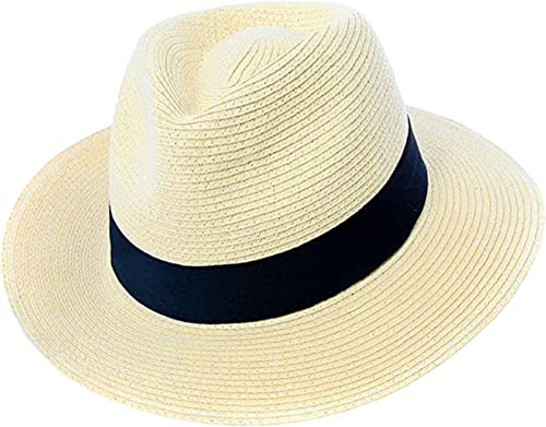Mens or Womens Straw Fedora Hat Crushable Wide Brim Panama Hat Trilby Summer Cap (61 cm) Off-White