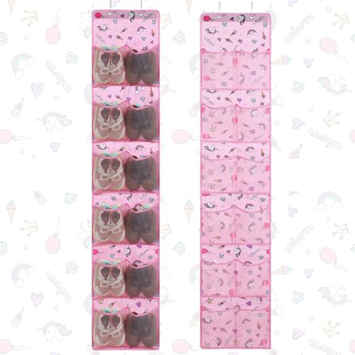 Windyun 2 Stück Kinder-Schuh-Organizer mit Einhorn-Motiv, Baby-Wasserflaschen-Organizer, zum Aufhängen, Mädchen, Rosa, Schuhaufbewahrung, 24 Taschen für Schule, Tür, Schrank, Schlafzimmer, Wand