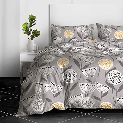RAYBedding 3PCS Duvet Set 100% Egyptian Cotton Double Bed Set 400 Thread Count Floral Printed Grey Duvet Cover with Pillow Cases 2 Pack