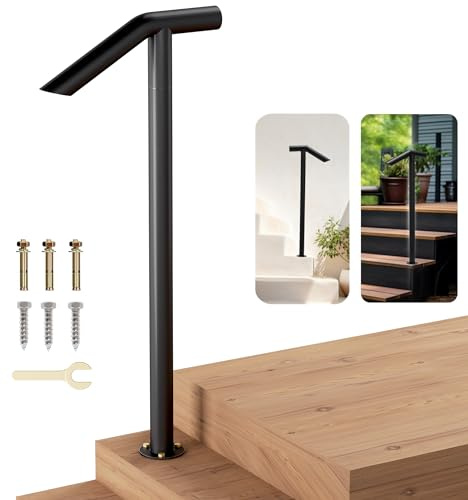 Xesi Pasamanos de un solo poste con kit de bricolaje, pasamanos de hierro forjado negro, para escaleras al aire libre