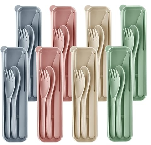 BAONUO Besteck, Kunststoff-Besteck Camping,Besteck set, 8 Sätze Messer Löffel Gabel Stäbchen, Besteck-Set mit Etui,tragbares Kunststoff-Besteck, Camping-Utensilien-Set