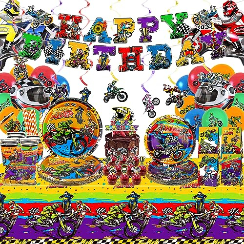 Ywediim Motorrad Geburtstagsparty Zubehör, Banner, Teller, Serviette, Becher, Kuchendeckel, Luftballons, Tischdecke, für Jungen, Motorrad-Extremsport-Partydekorationen für 20 Gäste (Set B)