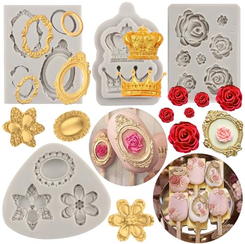 MYPRACS Vintage Frame Cupcake Fondant Mould Baroque Style Fondant Silicone Mould Crown Rose Flower Moulds Pictures Frame Silicone Mould for Cake Decoration Chocolate Candy Polymer Clay Set of 4