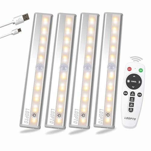 LDOPTO Under Cabinet Litchen Lights Wireless 4 Pack, Rechargeable Battery Operated Lights with Remote, Dimmable Led Closet Lights, Under Counter Lights Stick-on Touch Night Light for Kitchen, 3 Colors