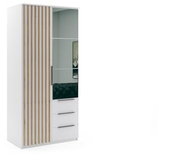 BM-Möbel Kleiderschrank mit Drehtüren, Schubladen und Spiegel - mit Einlegeböden und Kleiderstange - für Garderobe, Schlafzimmer - mit Lamellen aus Holzimitat - Weiß - 100 cm B, 215 cm H