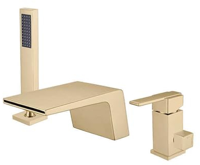 XJTNLB Badewannenarmatur mit Handbrause 3 Loch Wannenrandarmatur Wasserfall, Duscharmatur Einhebelmischer Armatur Dusche Set Gebürstetes Gold