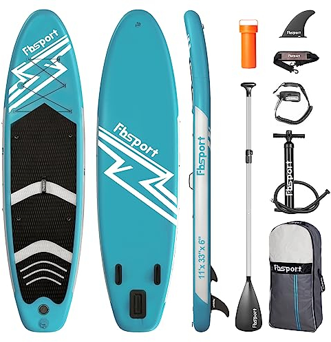 FBSPORT Aufblasbares SUP Board, Stand Up Paddling Board, Aufblasbare Stand Up Paddle Board für Stand-Up Paddling 15CM Dick, Surfbrett Kit mit Verstellbares Aluminium SUP Paddel+Pumpe(Lakeblue)