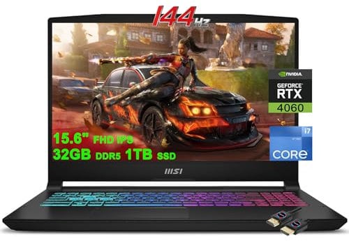 MSI Katana 15 Gaming Laptop | 15.6 FHD IPS 144Hz | Intel 10-Core i7-12650H Processor | 32GB DDR5 1TB SSD | GeForce RTX 4060 8GB Graphic | Backlit USB-C Nahimic Win11 Black + HDMI Cable