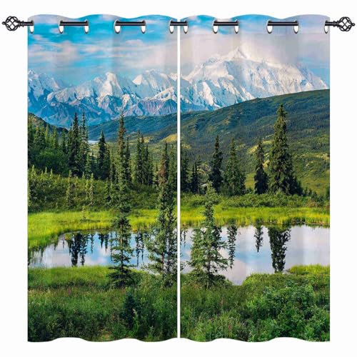 ANHOPE Natur Landschaft Berg See Gardinen Blickdichte mit Ösen Weich Thermo Vorhänge Blackout Curtain Vorhang Wohnzimmer Schlafzimmer Verdunklungsvorhänge 2er Set H 138 x B 132 cm