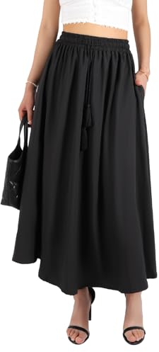 BALAYSIER Midi Rock Damen Sommer mit Taschen Rock A Linie Damen mit Kordelzug Einfarbig Elegante Lange Röcke(Schwarz, L)