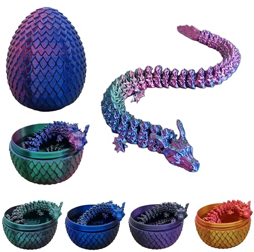 3D gedrucktes Drachenei mit Feuerdrache I Herstellung Deutschland I voll beweglicher Drache mit flexiblen Gelenken I ideal als Dekoration (blau/grün/lila)