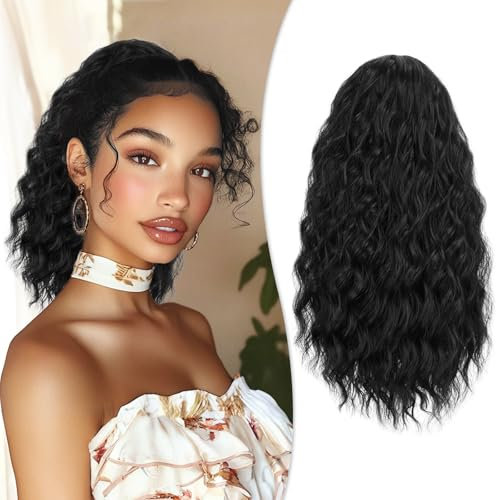 RUWISS Haarteil Natürlich Schwarz Lockig Pferdeschwanz, 40cm Clip in Gewellt Ponytail Extension Lang Pferdeschwanz Zopf Extensions Synthetik Haarverlängerung für Frauen Damen