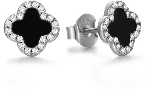 Evensee Vierblättrige Kleeblatt Ohrstecker schwarzer Onyx Ohrringe Silber 925 für Damen,Hypoallergene Schwarze Klee Perlmutt Ohrstecker,Mode Schmuck Edle Geschenke für Frauen