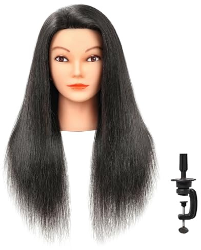 Armmu 100% Real Human Hair Mannequin Head with Stand, Hairdressing and Cosmetology Training Head for Hairstyle and Braiding (45 cm) - Natural Black