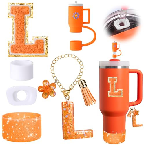 Mity rain 6PCS Orange Cup Accessories Set for Stanley Cup 30oz 40oz tumbler with handle, Including Straw Topper Cover Cap and Boot, Spill Proof Stopper, Handle Charm, Initials Sticker（Letter L